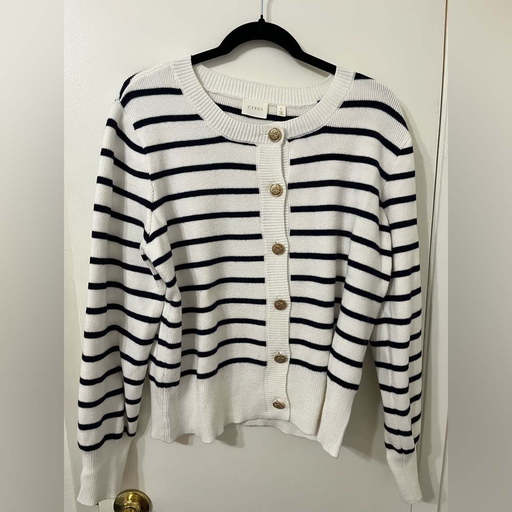 Cyrus Women's Navy and White Striped Cardigan